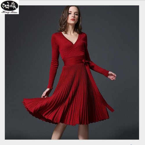 2017 Autumn New Sexy Long-sleeved V-neck Dress Women Knee-Length Elegant Bow Waist Fold Pleated Knit Office Dress Party Vestido