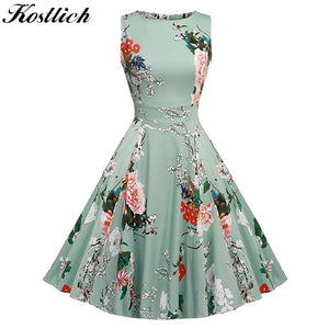 Kostlich Floral Print Summer Dress Women 2017 Sleeveless Tunic 50s Vintage Dress Belt Elegant Rockabilly Party Dresses Sundress