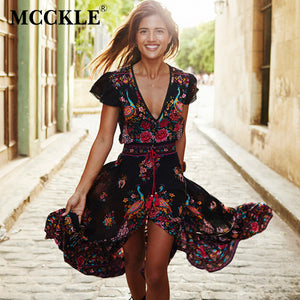 MCCKLE 2017 Women Summer V Neck Vintage Boho Long Maxi Floral National Chiffon Dress Party Beach Dress Floral Sundress