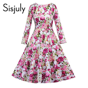 Sisjuly vintage dress autumn retro floral print 1950s style elegant o neck party long sleeve pink vintage dresses 2017 new