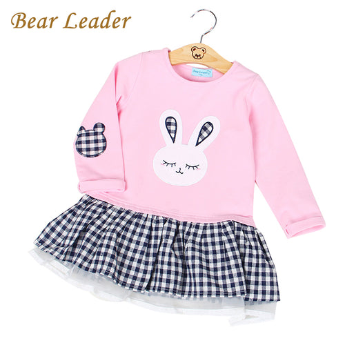 Bear Leader Girls Dress 2017 Spring Casual Style Baby Girl Clothes Long Sleeve Cartoon Bunny Print Plaid Dress for Kids Clothes