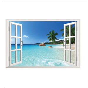 Free Shipping 35.4"*23.6"ZY1430 Beach Resort 3D Window View Removable Wall Art Sticker Vinyl Decal Mural home decoration