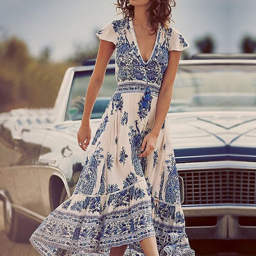 New Arrival Women Dress 2017 Bohemian Vintage Print Maxi Long Dresses Sexy Casual Deep V Neck Short Sleeve Tassel Beach Vestidos