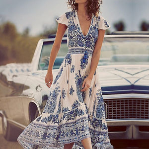New Arrival Women Dress 2017 Bohemian Vintage Print Maxi Long Dresses Sexy Casual Deep V Neck Short Sleeve Tassel Beach Vestidos