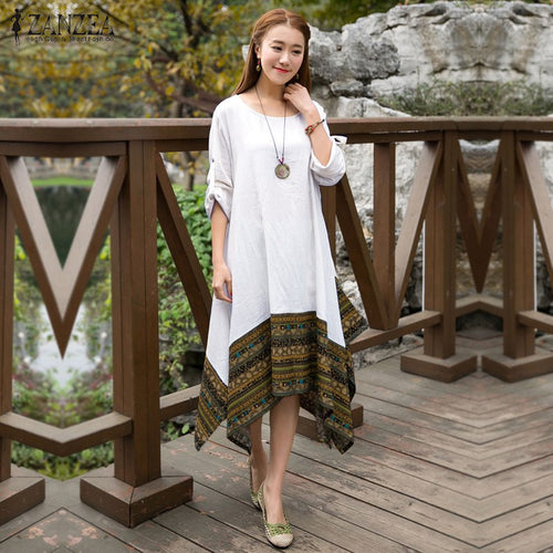ZANZEA Women Autumn Dress 2017 Fashion Casual Loose Long Dress O Neck Long Sleeve Vintage Cotton Dresses Vestidos Plus Size