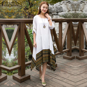 ZANZEA Women Autumn Dress 2017 Fashion Casual Loose Long Dress O Neck Long Sleeve Vintage Cotton Dresses Vestidos Plus Size