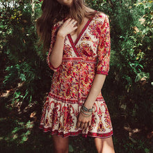 New Arrival Summer Dress 2017 Women Half Sleeve V Neck A Line Mini Dress Sexy Ladies Vintage Print High Waist Beach Vestidos