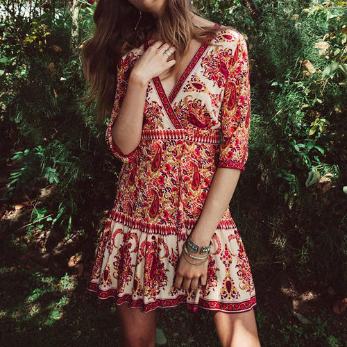 New Arrival Summer Dress 2017 Women Half Sleeve V Neck A Line Mini Dress Sexy Ladies Vintage Print High Waist Beach Vestidos