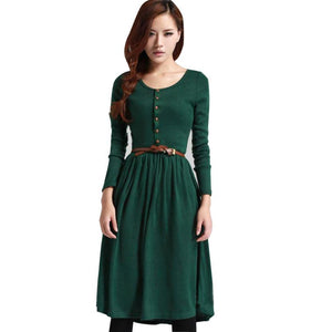 High Quality New Women knitting Slim Fit Dresses Long Sleeve O-Neck Button A-Line Knee-Length Dress+Belt #LSN