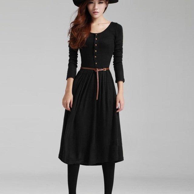 High Quality New Women knitting Slim Fit Dresses Long Sleeve O-Neck Button A-Line Knee-Length Dress+Belt #LSN