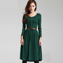 High Quality New Women knitting Slim Fit Dresses Long Sleeve O-Neck Button A-Line Knee-Length Dress+Belt #LSN