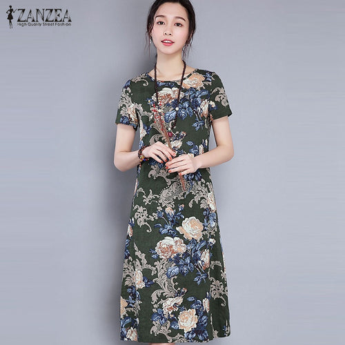 ZANZEA Women Dress 2017 Summer Casual Loose O Neck Short Sleeve Vintage Print Dresses Mid-calf Vestidos Oversized Robe