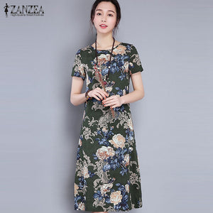 ZANZEA Women Dress 2017 Summer Casual Loose O Neck Short Sleeve Vintage Print Dresses Mid-calf Vestidos Oversized Robe