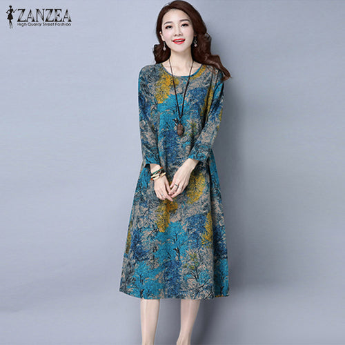 ZANZEA Women Autumn Dress 2017 Vintage Floral Print Dresses Casual Loose O Neck Long Sleeve Oversized Midi Vestidos Plus Size