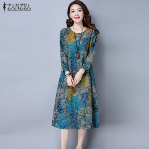 ZANZEA Women Autumn Dress 2017 Vintage Floral Print Dresses Casual Loose O Neck Long Sleeve Oversized Midi Vestidos Plus Size