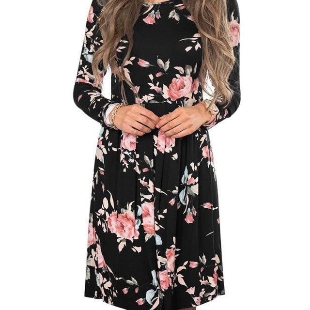 Women Autumn Pleated Floral Printed Casual Long Sleeve Evening Party Mini Elegant Dresses robe manche longue