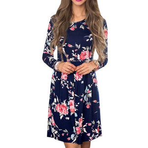 Women Autumn Pleated Floral Printed Casual Long Sleeve Evening Party Mini Elegant Dresses robe manche longue