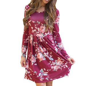 Women Autumn Pleated Floral Printed Casual Long Sleeve Evening Party Mini Elegant Dresses robe manche longue
