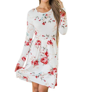 Women Autumn Pleated Floral Printed Casual Long Sleeve Evening Party Mini Elegant Dresses robe manche longue