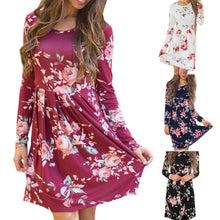 Women Autumn Pleated Floral Printed Casual Long Sleeve Evening Party Mini Elegant Dresses robe manche longue