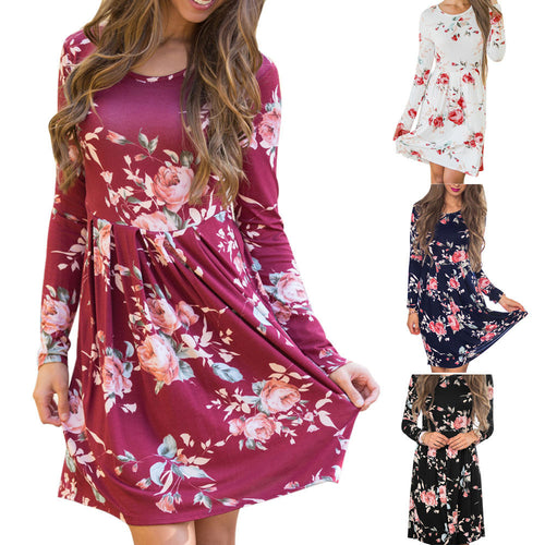 Women Autumn Pleated Floral Printed Casual Long Sleeve Evening Party Mini Elegant Dresses robe manche longue