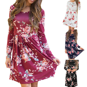 Women Autumn Pleated Floral Printed Casual Long Sleeve Evening Party Mini Elegant Dresses robe manche longue