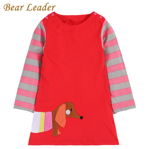 Bear Leader Girls Dress 2017 Brand Autumn Girls Clothes European and American Style Red Striped Print Dog Applique Kids Dress