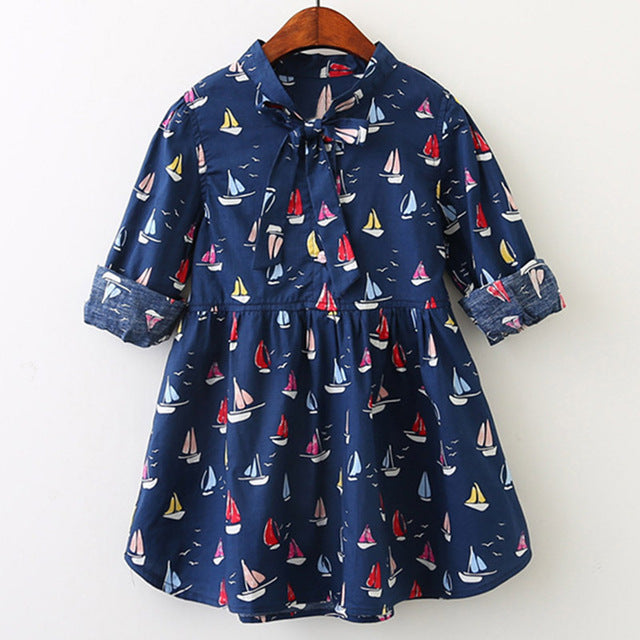 Bear Leader Girls Dress 2017 New Autumn Baby Girls Full Sailboat Print Ribbon Bow Kids Children Clothing Dress For 3-11 Years