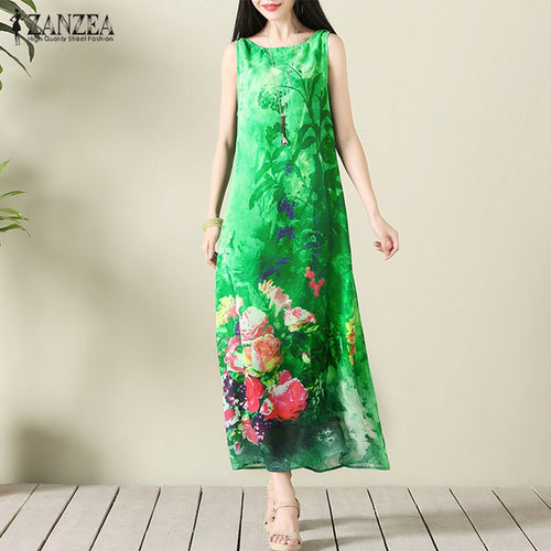 ZANZEA Women Dress 2017 Summer Vintage Random Floral Print Maxi Long Party Dresses O Neck Sleeveless Casual Loose Vestidos