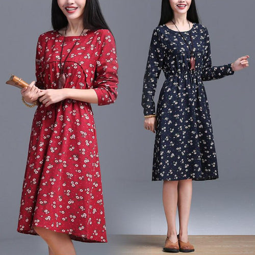 Cotton Linen Vintage Flower Print Women Dress Half Sleeve O Neck With Pockets Washed Plus Size 2017 New Autumn Spring Women Robe