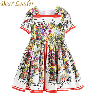 Bear Leader Girls Dress 2017 New European And American Style Kids Short-Sleeve Flower Pattern Party Dress For 4-14 Years