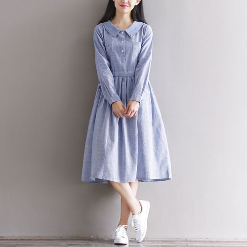 Vintage Women Turn-down Buttons Open Long Sleeve Casual Loose Tops Blusas Autumn Peter Pan Collar Shirt Dress Vestido Kaftan