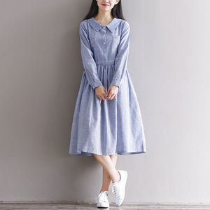 Vintage Women Turn-down Buttons Open Long Sleeve Casual Loose Tops Blusas Autumn Peter Pan Collar Shirt Dress Vestido Kaftan