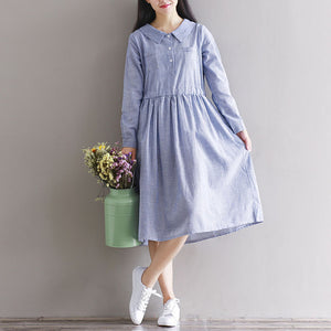 Vintage Women Turn-down Buttons Open Long Sleeve Casual Loose Tops Blusas Autumn Peter Pan Collar Shirt Dress Vestido Kaftan