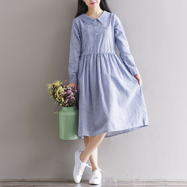 Vintage Women Turn-down Buttons Open Long Sleeve Casual Loose Tops Blusas Autumn Peter Pan Collar Shirt Dress Vestido Kaftan